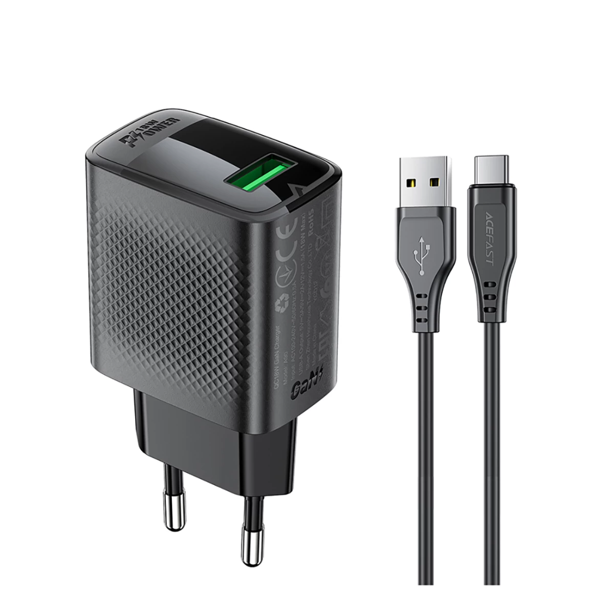 A90 Gan Usb-a Qc 18w Tinklo įkroviklis + Usb-c Kabelis - Juodas