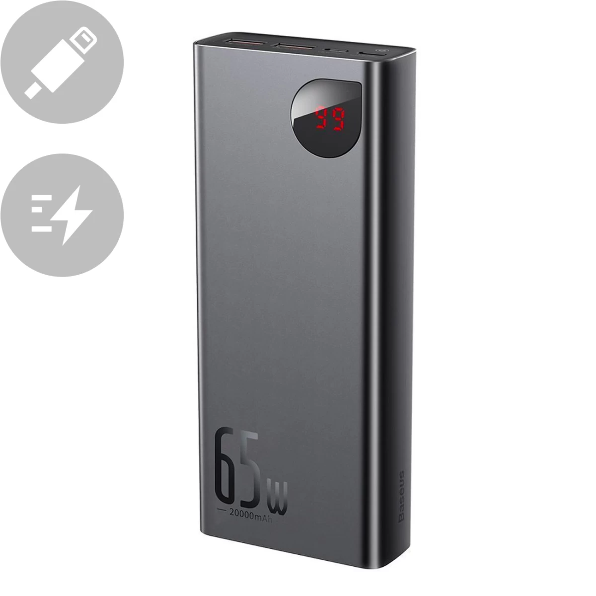 Adaman Powerbank 2x Usb 1x Usb-c 1x Microusb 20000mah 65w Quick Charge Juodas