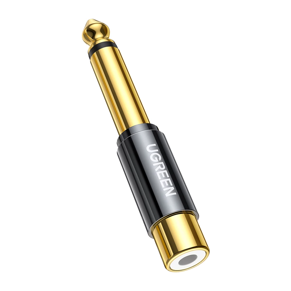 Adapterio Kištukas Iš 6,35 Mm Lizdo Vyriškos Pusės į Rca Moterišką Aukso Spalvos Adapterio Kištukas Iš 6,35 Mm Lizdo Vyriškos Pusės į Rca Moterišką Aukso Spalvos