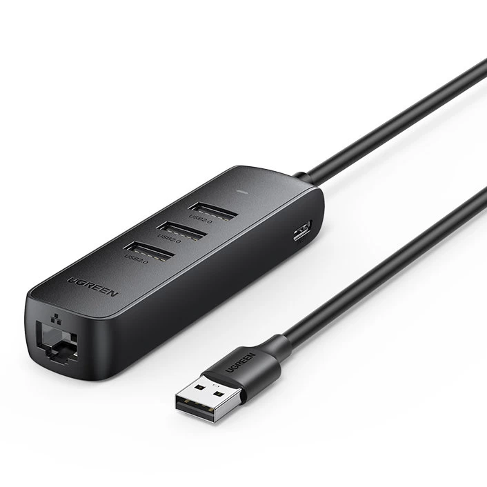Adapterio Usb - Ethernet Rj45 3x Usb Daliklis, Juodas Adapterio Usb - Ethernet Rj45 3x Usb Daliklis, Juodas