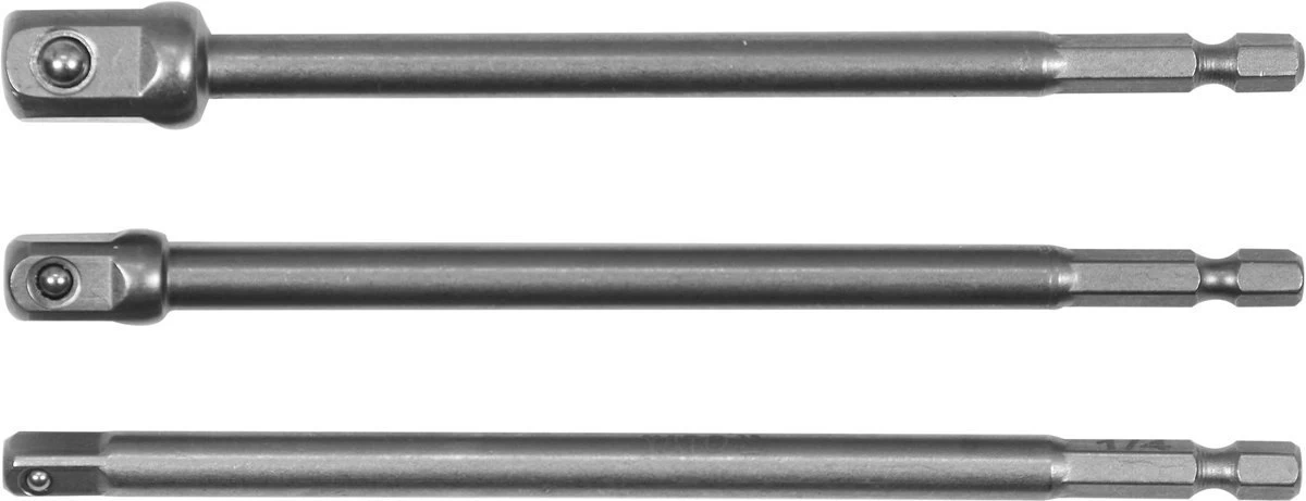 Adapterių komplektas | ilgi | iš 1/4(6,3 mm) į galvutes 1/4 - 3/8 - 1/2 | 150 mm (YT-04628)