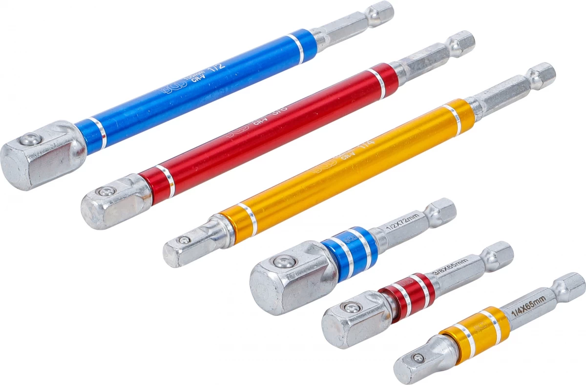Adapterių rinkinys | spalvoti | 6.3 mm (1/4) | 6.3 mm (1/4) / 10 mm (3/8) / 12,5 mm (1/2) | 75 - 150 mm | 6 vnt. (74424) Adapterių rinkinys | spalvoti | 6.3 mm (1/4) | 6.3 mm (1/4) / 10 mm (3/8) / 12,5 mm (1/2) | 75 - 150 mm | 6 vnt. (74424)