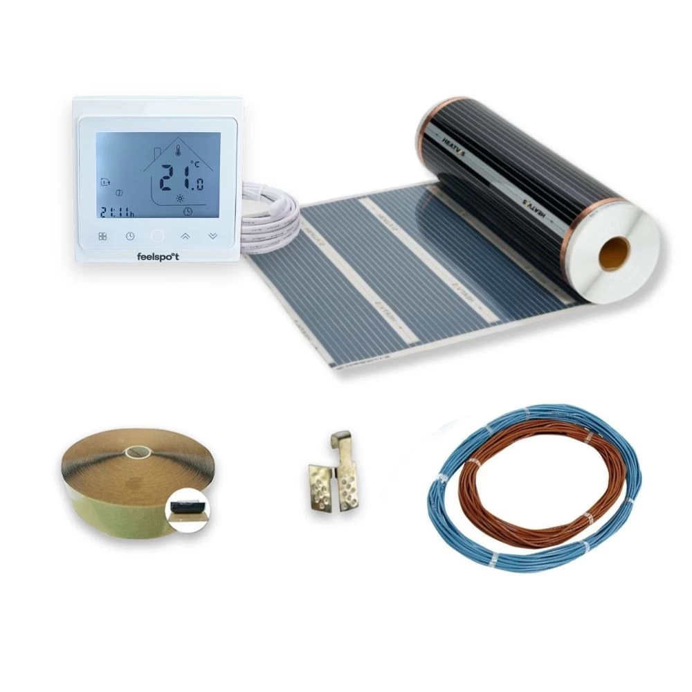 Anglies pluošto šildymo plėvelė HEATVIS, 80 W/m² (0,5 m) + programuojamas termostatas Feelspot WTH51.36 NEW