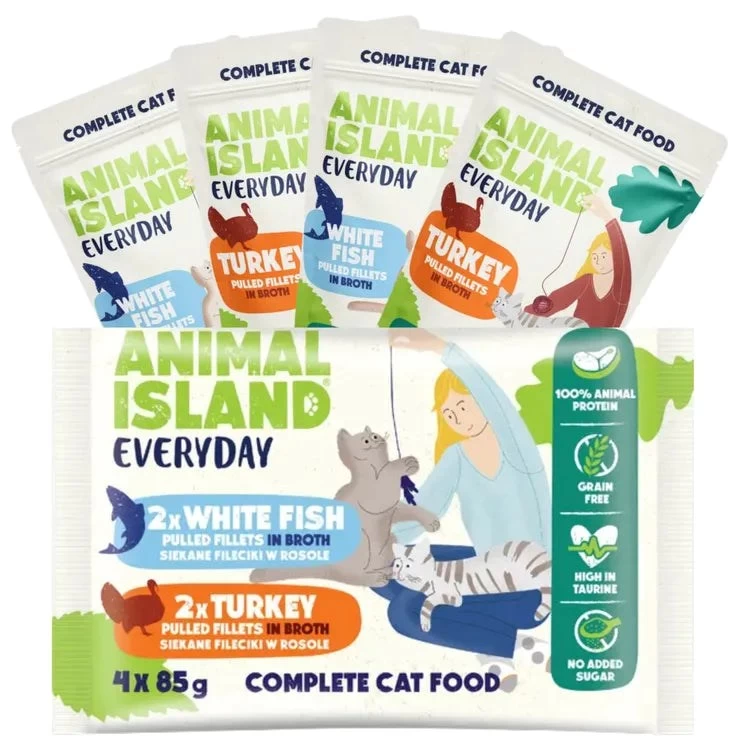 ANIMAL ISLAND šlapias kačių maistas, kalakutiena ir žuvis, 4 x 85g
