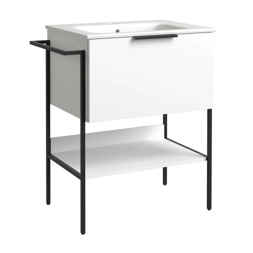 Apatinė spintelė su praustuvu Raguvos Baldai MONO, 1 stalčiumi, lentyna, juodomis kojomis-rėmu, juoda rankena, matinė balta, 60 cm, 23113312 Apatinė spintelė su praustuvu Raguvos Baldai MONO, 1 stalčiumi, lentyna, juodomis kojomis-rėmu, juoda rankena, matinė balta, 60 cm, 23113312