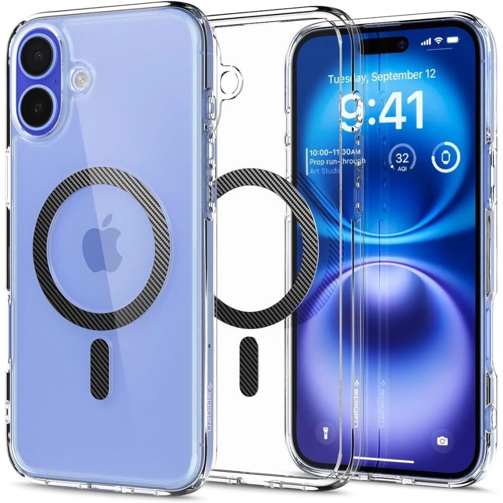 Apsauginis Dėklas iphone 16 Ultra Hybrid Magsafe Carbon Fiber - Skaidrus Pilkas