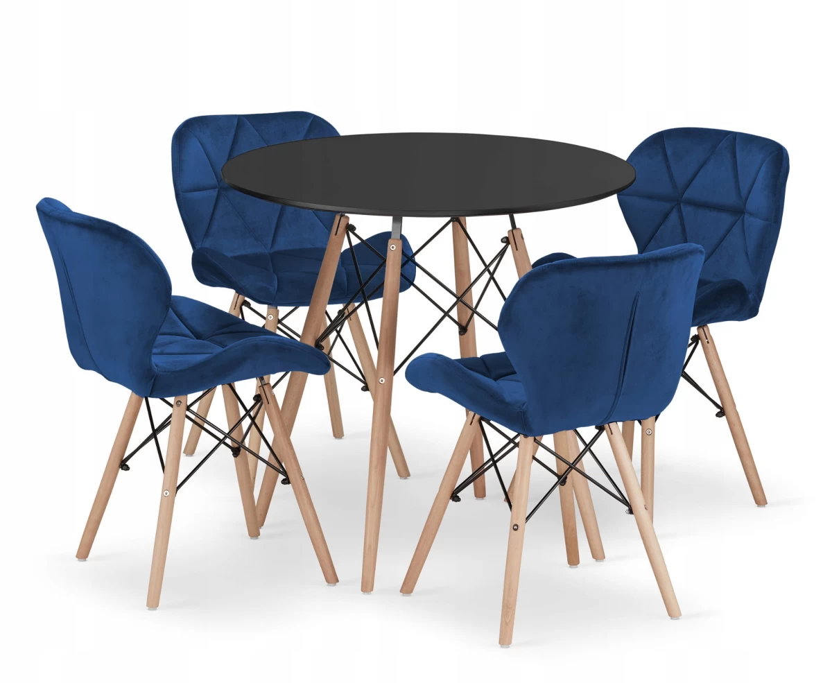 Apvalaus Stalo Komplektas Todi 80 Juodas + 4 Kėdės Lago Tamsiai Mėlynas