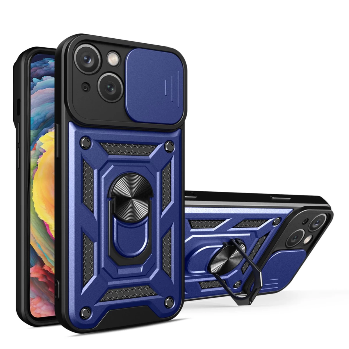 armor Hybrid Camshield Dėklas Su Stovu Ir Fotoaparato Dangteliu iphone 15 Plus - Mėlynas