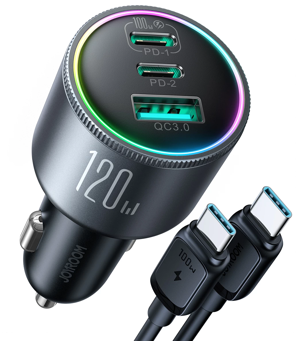 Automobilinis įkroviklis 120w 2x Usb-c 1x Usb-a + Usb-c Kabelis 100w Tamsiai Pilkas