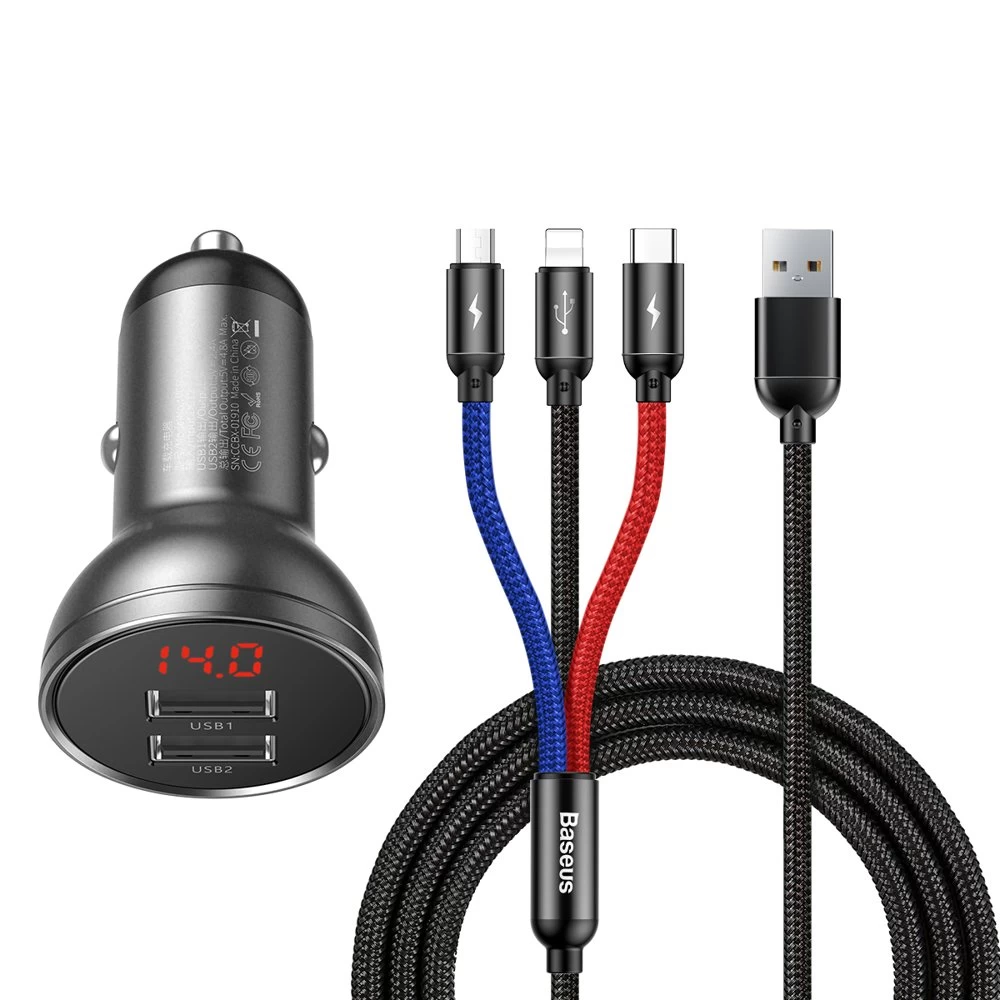 Automobilinis įkroviklis 2x Usb 4.8a 24w Su Lcd Ekranu + 3in1 Kabelis 1.2m Juodas