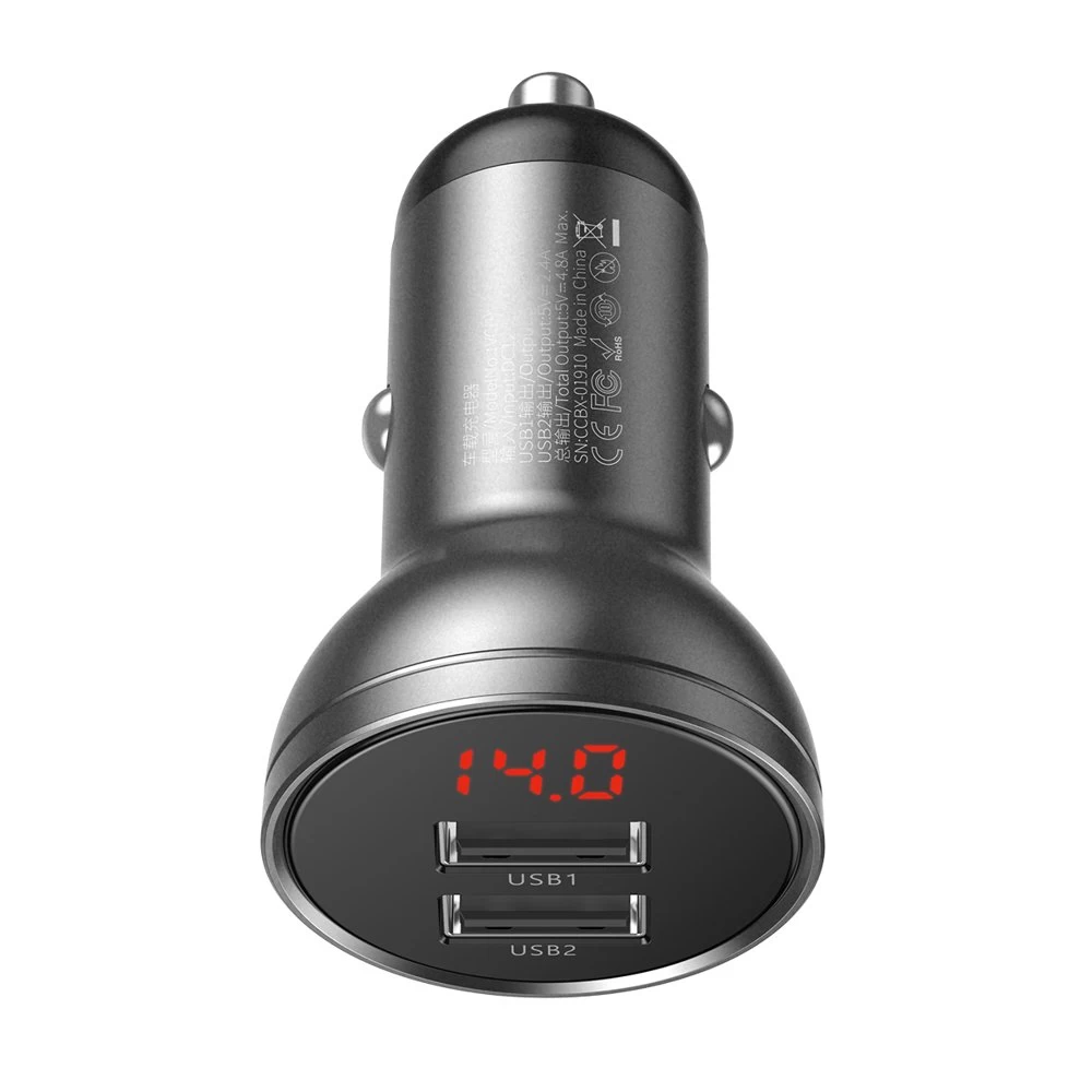 Automobilinis įkroviklis 2x Usb 4.8a 24w Su Lcd Ekranu Pilkos Spalvos