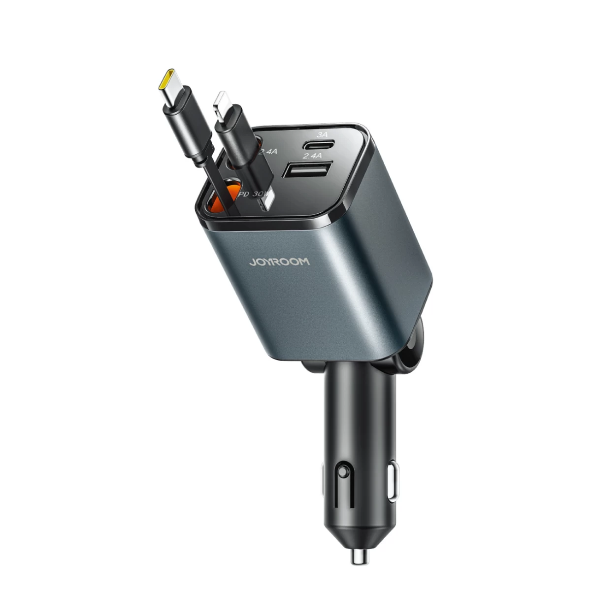 Automobilinis įkroviklis 4 Viename Su Ištraukiamais Laidais Usb-a Usb-c 30 W - Tamsiai Pilkas