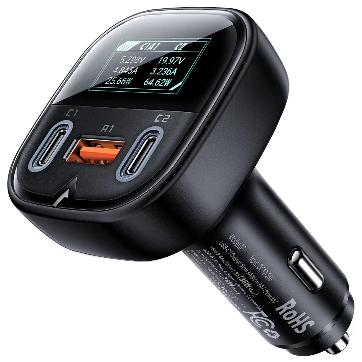 Automobilinis įkroviklis Su Ekranu 2x Usb-c 1x Usb 101w Power Delivery Qc 4.0 Juodas