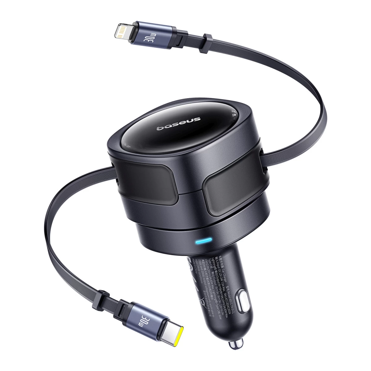 Automobilinis įkroviklis Su Ištraukiamais Laidais Usb-c iphone Lightning 60 W - Juodas