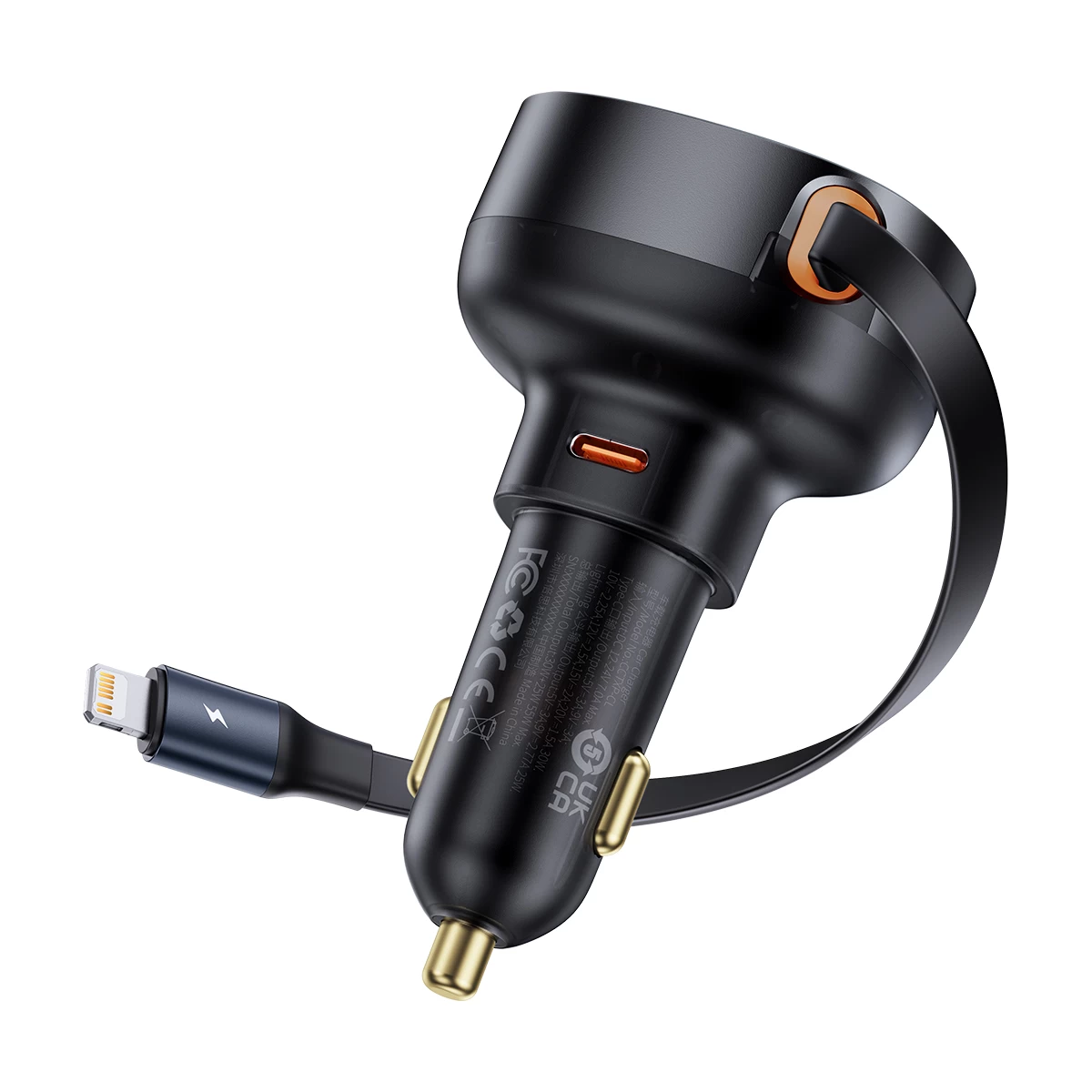 Automobilinis įkroviklis Su Ištraukiamu Kabeliu iphone Lightning Usb-c 60w Juodas