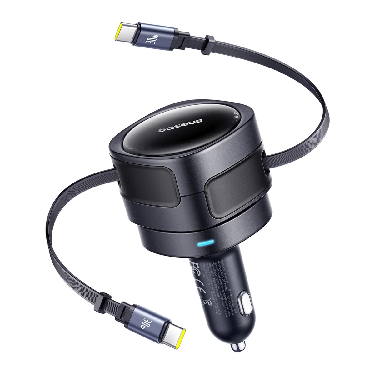 Automobilinis įkroviklis Su Ištraukiamu Usb-c Kabeliu 60 W - Juodas