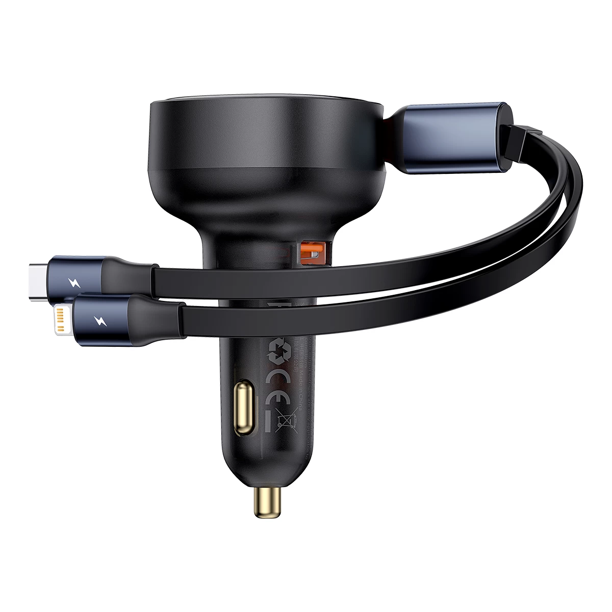Automobilinis įkroviklis Su Usb-a Ir Ištraukiamu Usb-c Laidu iphone 60w, Juodas