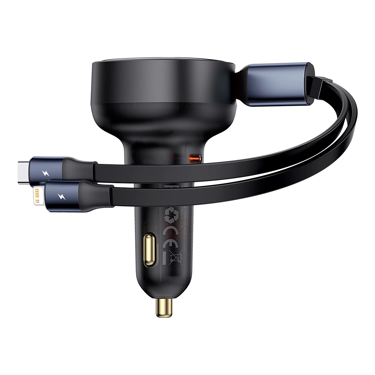 Automobilinis įkroviklis Su Usb-c Ir Ištraukiamuoju Usb-c Kabeliu iphone 60 W, Juodas
