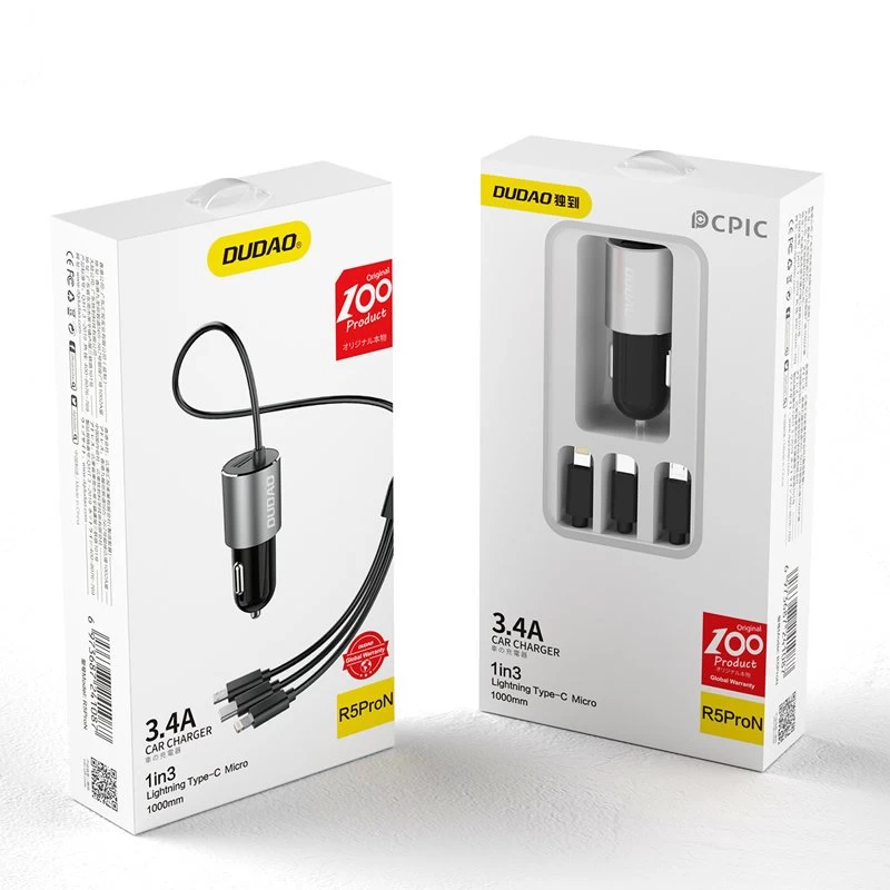 Automobilinis Usb įkroviklis 3-in-1 + įmontuotas lightning Usb-c Mikro Usb Kabelis, Juodas Automobilinis Usb įkroviklis 3-in-1 + įmontuotas lightning Usb-c Mikro Usb Kabelis, Juodas