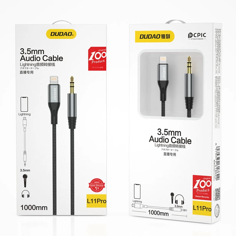 Aux Garso Kabelis Su Medvilniniu Pynimu iphone Lightning - Mini Lizdas 3,5 Mm 1 M Pilkas
