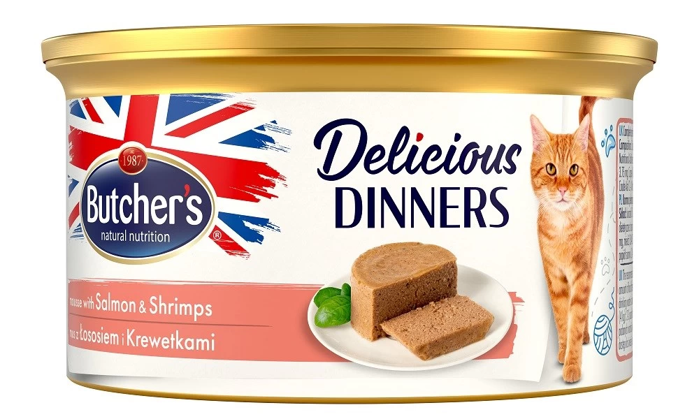 BUTCHER'S Delicious Dinners šlapias kačių maistas, lašiša ir krevetės, 85 g
