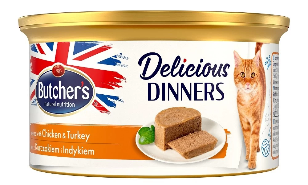 BUTCHER'S Delicious Dinners šlapias kačių maistas, vištiena su kalakutiena, 85 g