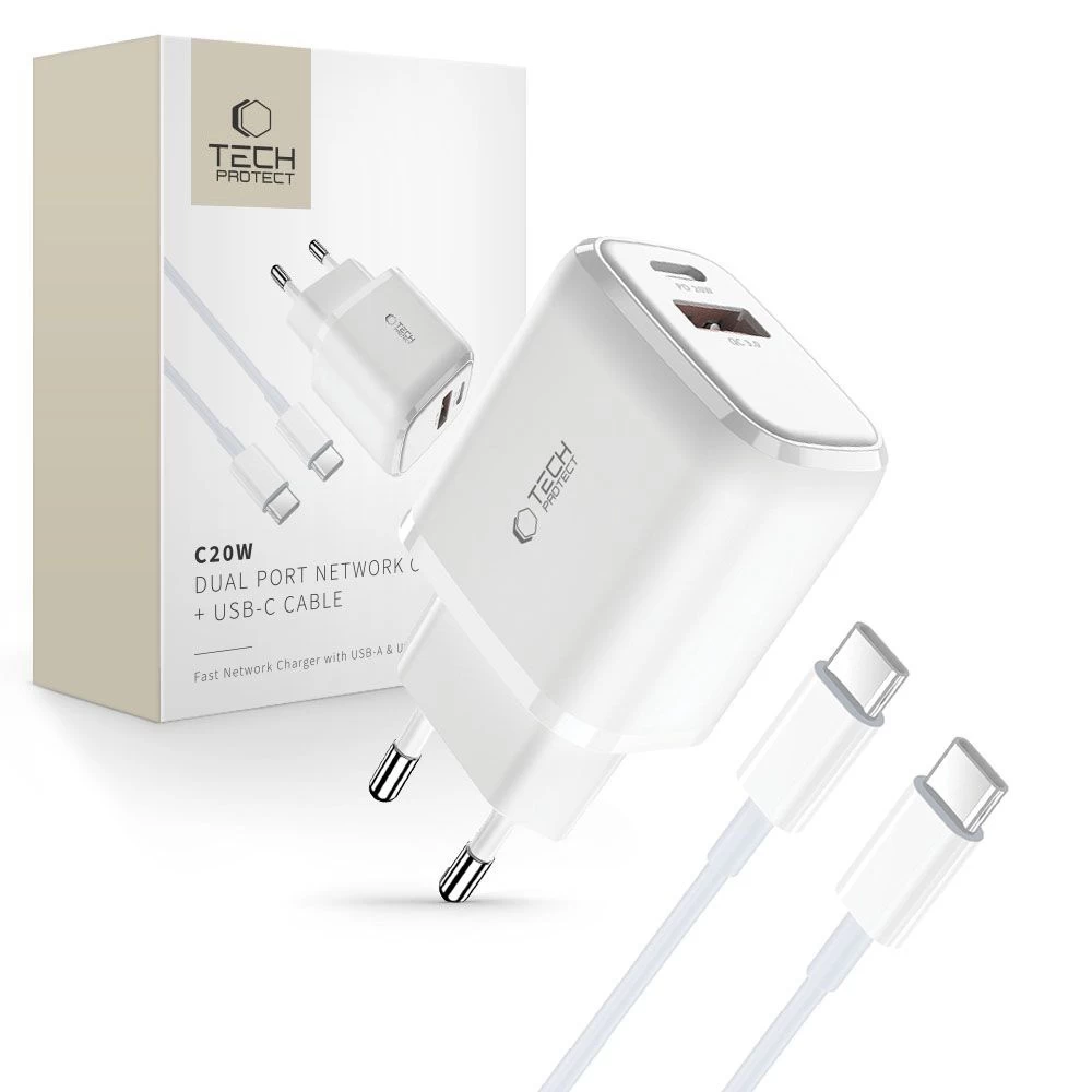 C20w Usb-c Usb-a 20 W Tinklo įkroviklis Su Usb-c Kabeliu - Baltas