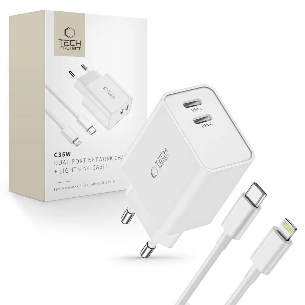 C35w 2x Usb-c Tinklo įkroviklis Su Usb-c Kabeliu - iphone Lightning - Baltas