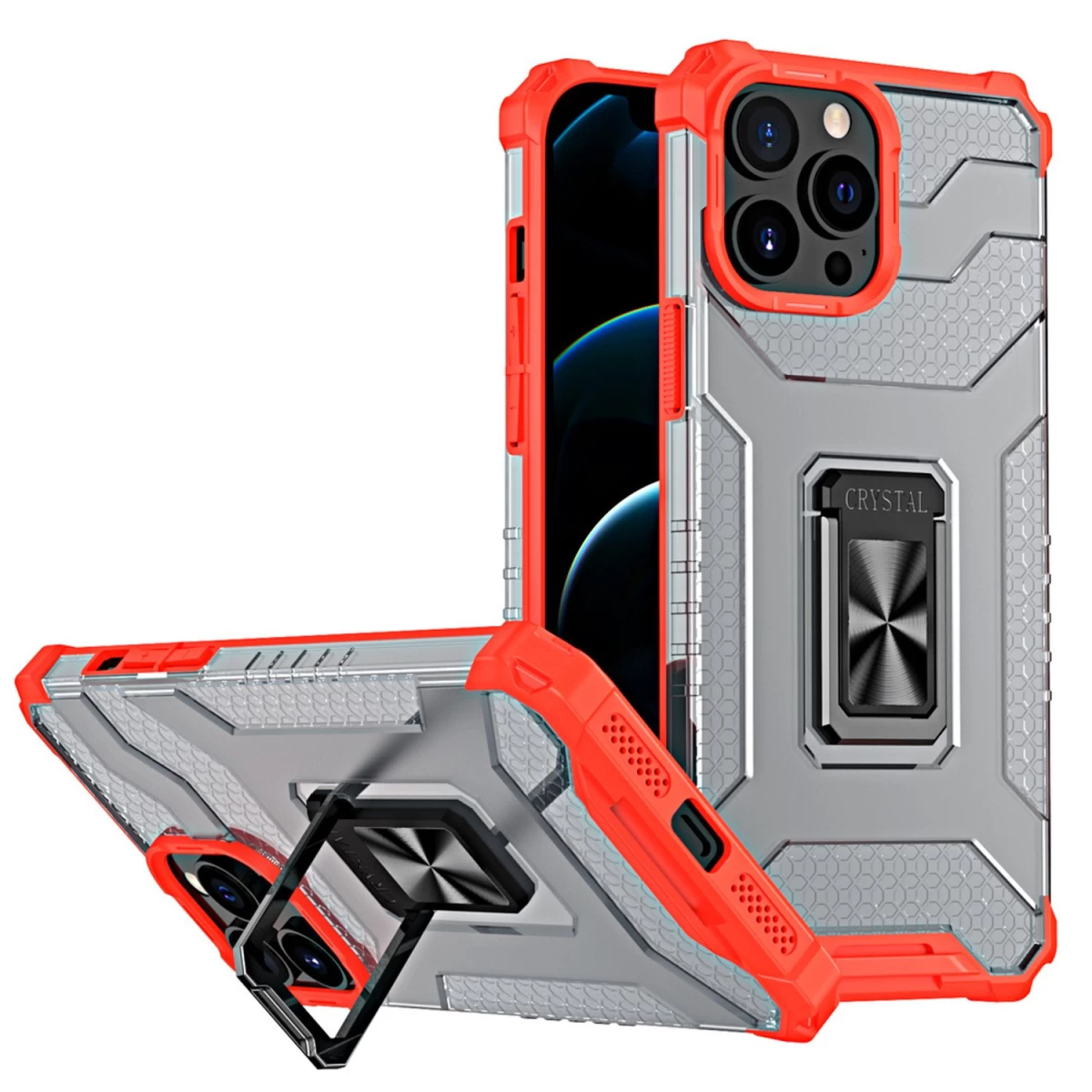Crystal Ring Case šarvuotas Hibridinis Dėklas + Magnetinis Laikiklis Iphone 13 Pro Max Raudonas