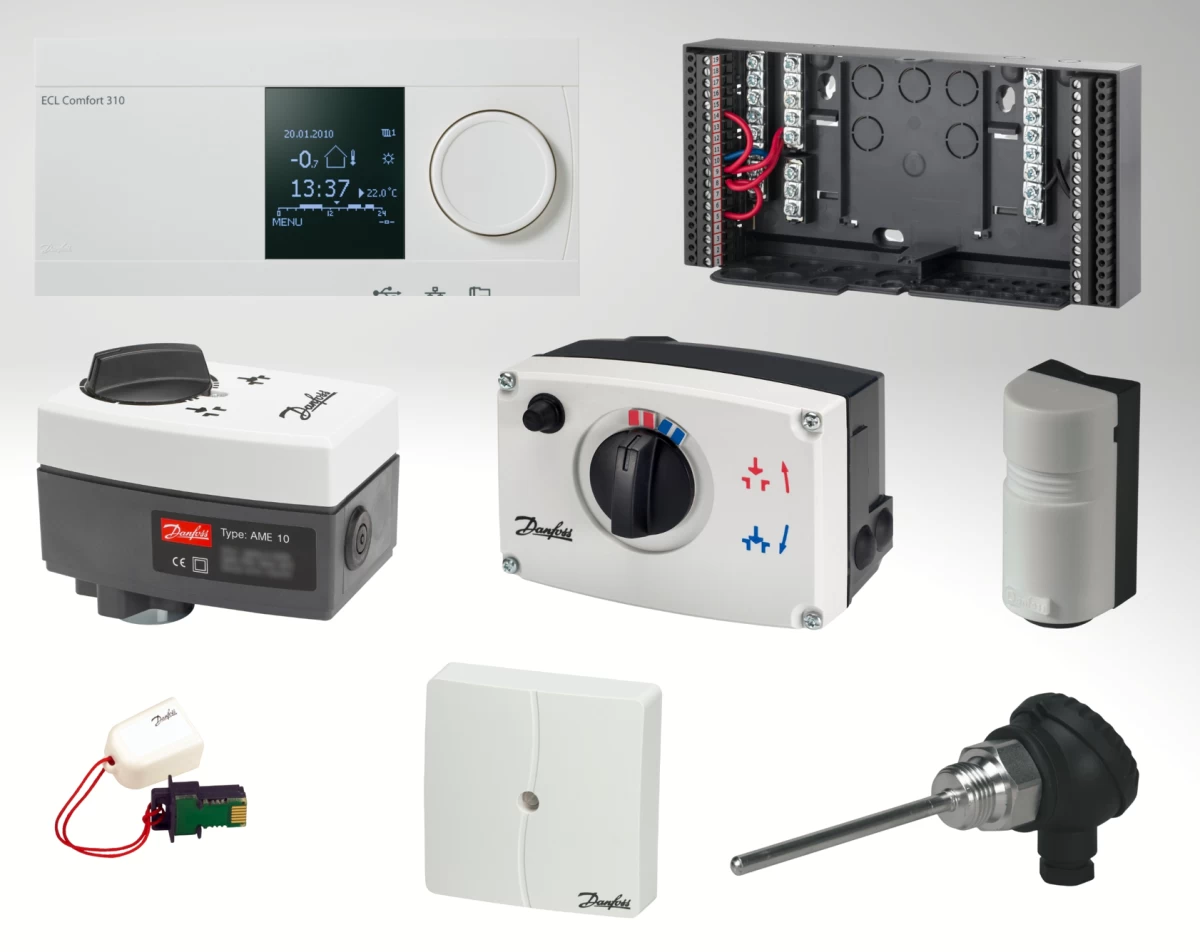 Automatikos komplektas šildymas, karštas vanduo Danfoss ECL210 arba 310 valdiklis, raktas, davikliai, pavaros