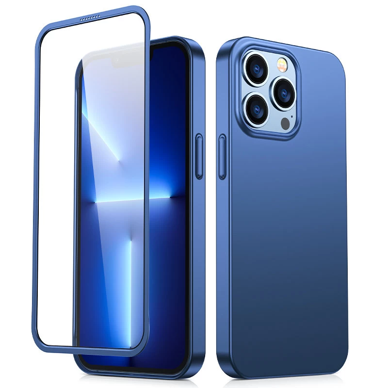 Dėklas iphone 13 Pro Max Galiniam Ir Priekiniam Dangteliui + Grūdintas Stiklas, Mėlynas