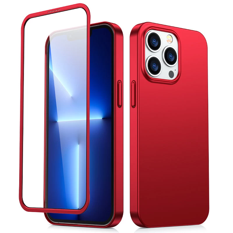 Dėklas iphone 13 Pro Max Galiniam Ir Priekiniam Dangteliui + Grūdintas Stiklas Raudonas