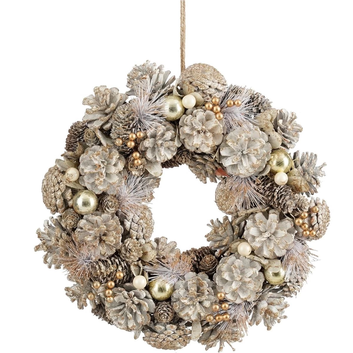 Dekoratyvinė Girlianda 34 Cm Aukso Spalvos Su Kankorėžiais Ir žėručio Karoliukais