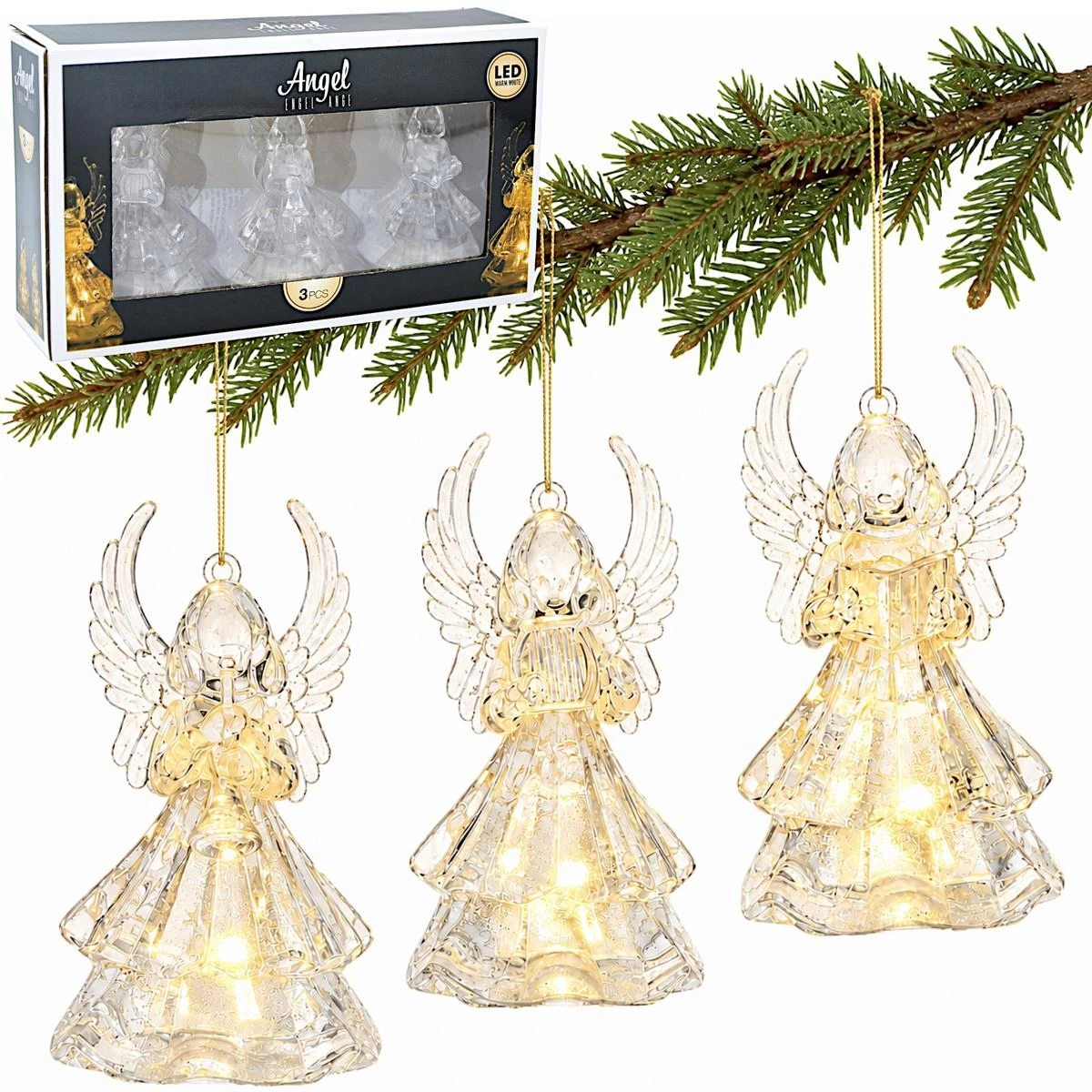Dekoratyvinis Angelas Iš Akrilo, 9 Cm, Su Led, 3 Vnt.