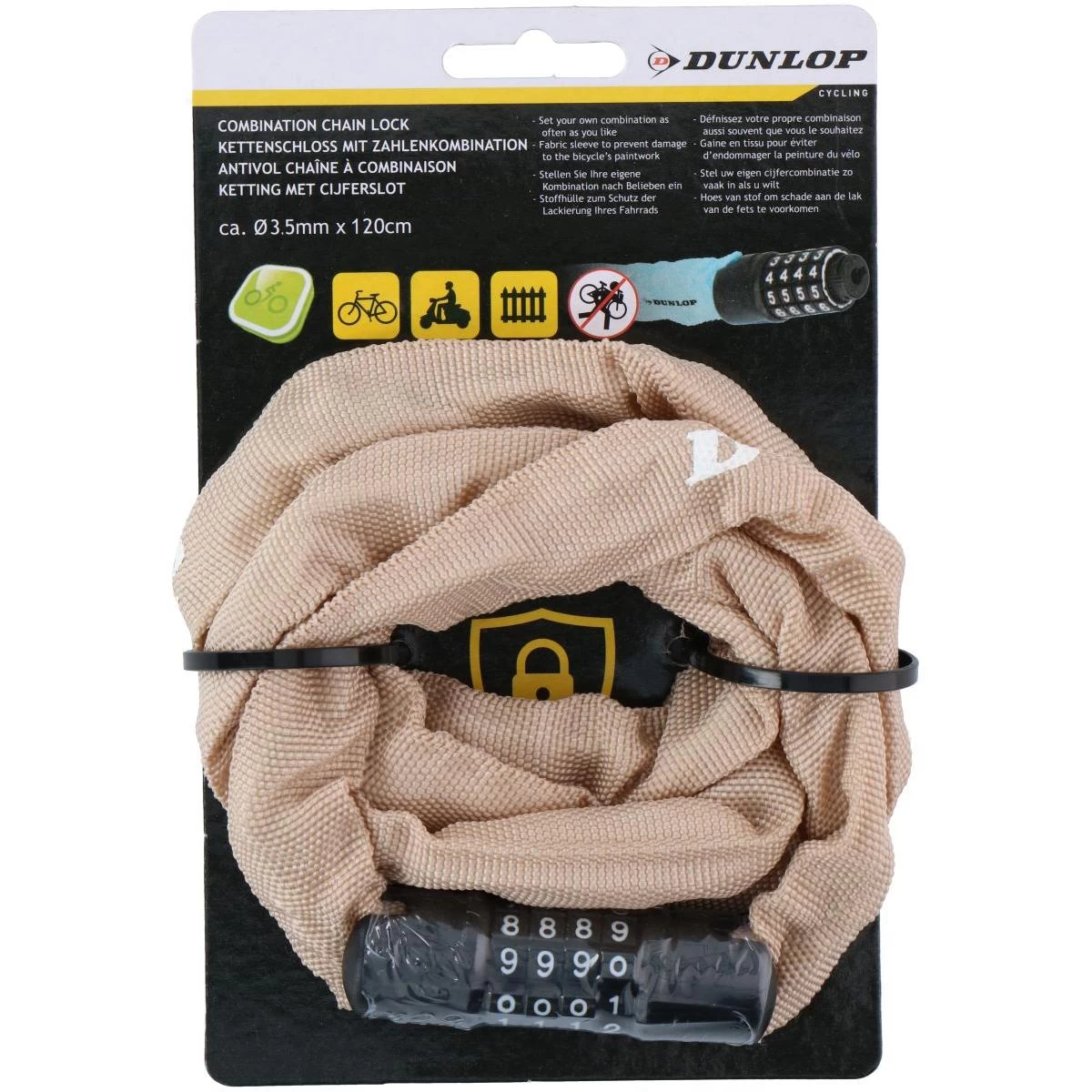 dunlop Dviračio Grandinė Su Kombinuotu Užraktu 120 Cm Ilgio - Smėlio Spalvos