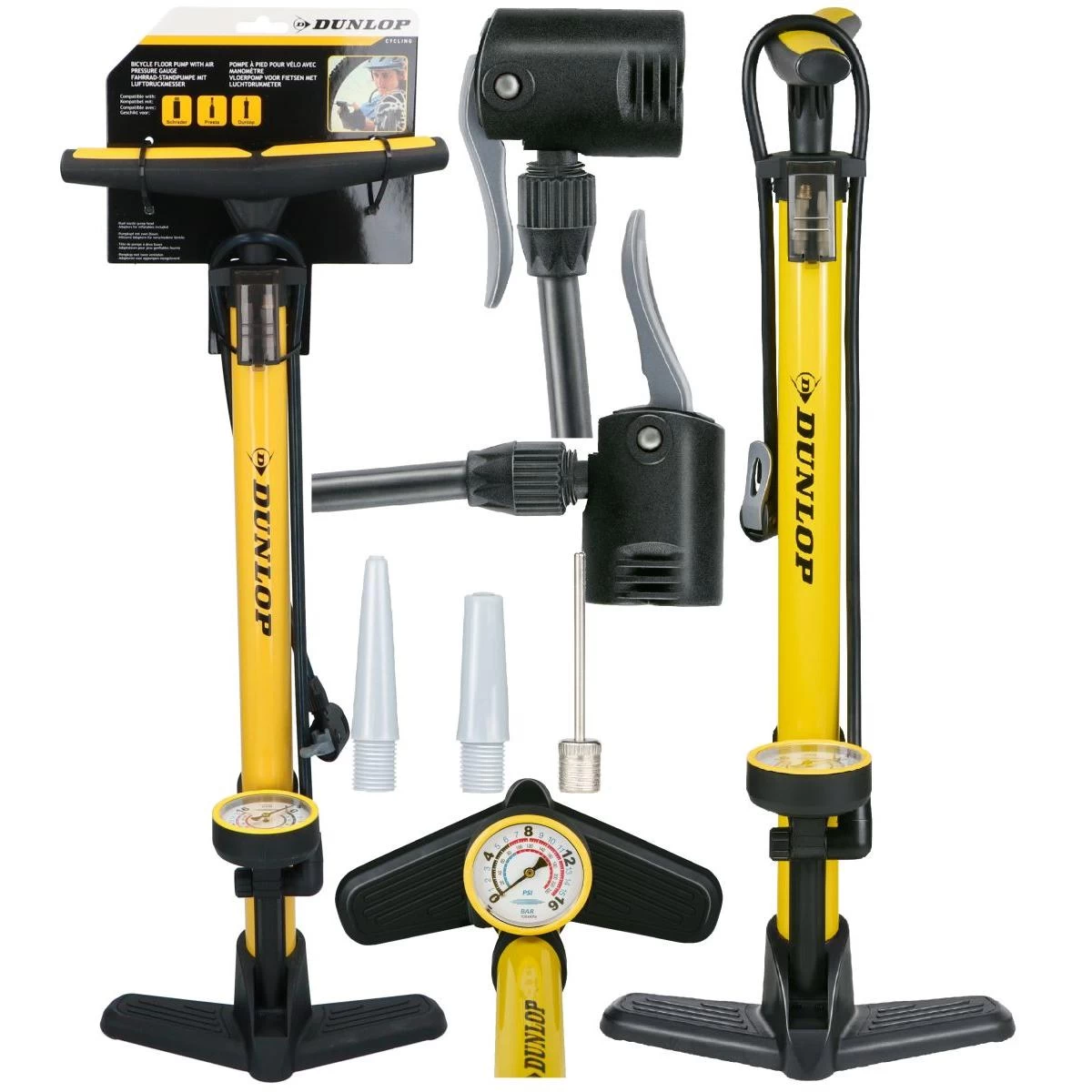 dunlop Dviračių Dirbtuvių Siurblys 230psi (16bar) Su Manometru Geltonas