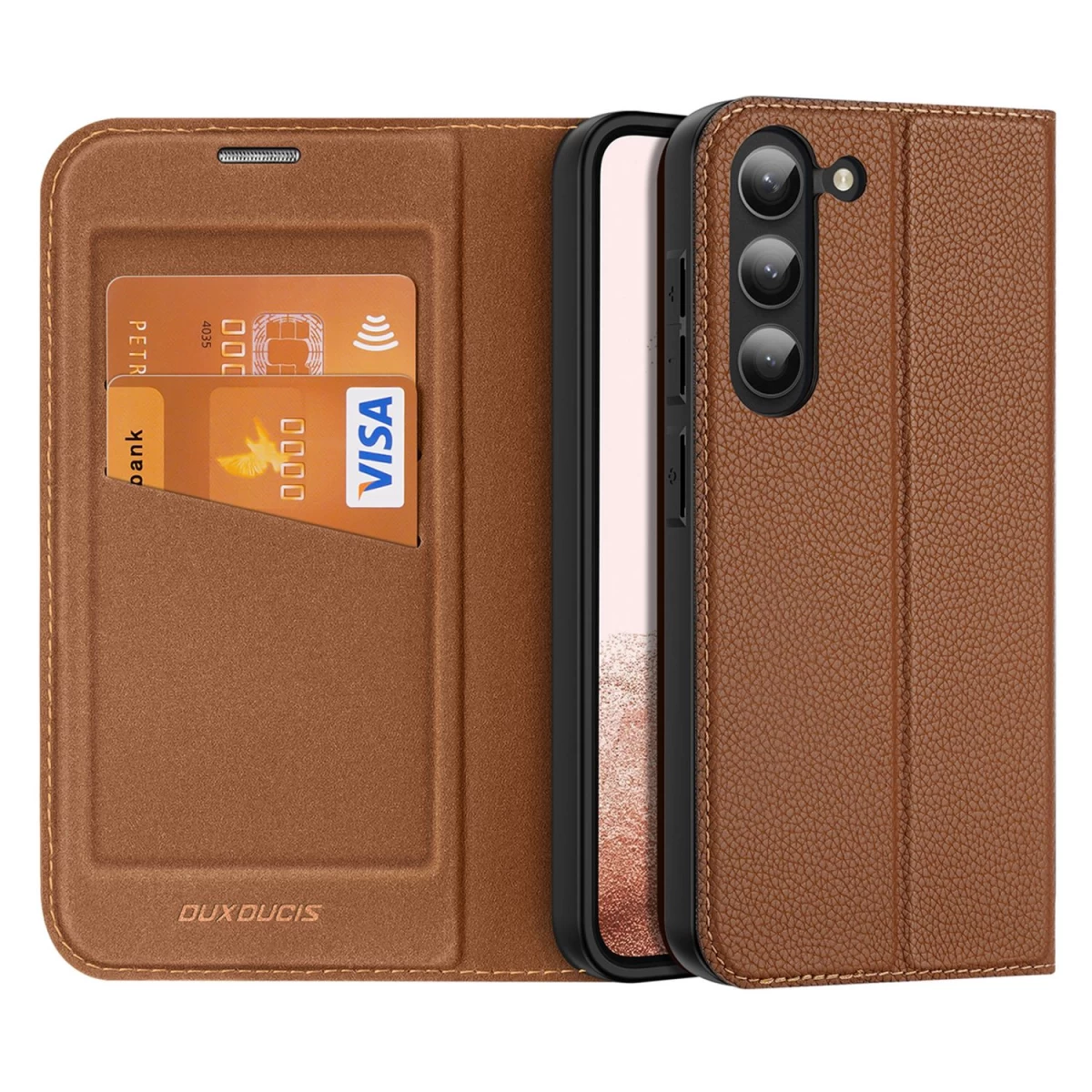 Dux Ducis Skin X2 Samsung Galaxy S23+ Dėklas Su Atlenkiamu Dangteliu, Piniginė, Stovas Rudas