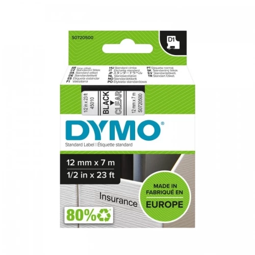 Dymo 45010 (S0720500) D1 Etikečių juostelė 12mm x 7m, Black on Clear