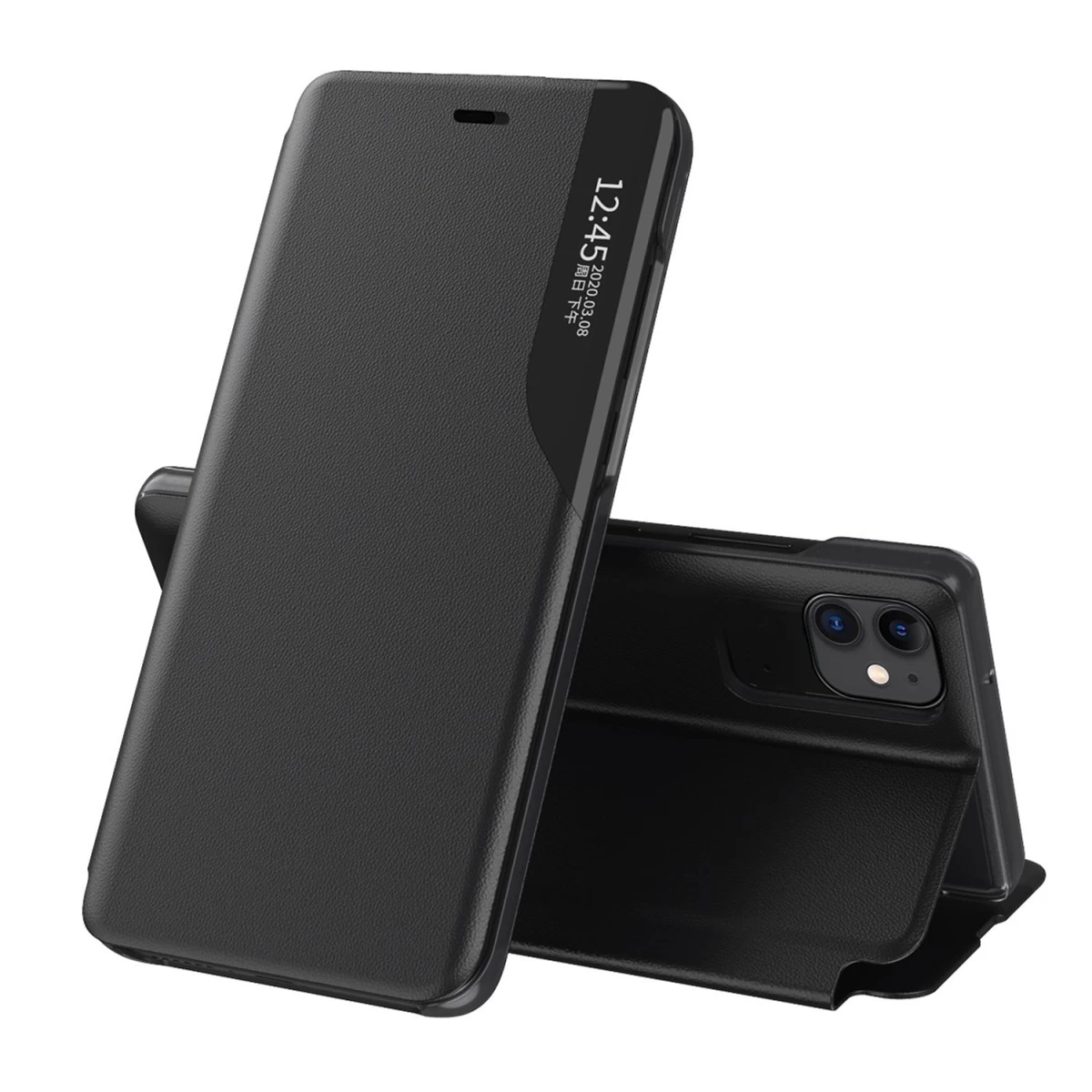 Elegantiškas eco Leather View Case Dėklas Su Atlenkiamu Dangteliu Ir Stovo Funkcija, Skirtas Iphone 13 Mini, Juodas Elegantiškas eco Leather View Case Dėklas Su Atlenkiamu Dangteliu Ir Stovo Funkcija, Skirtas Iphone 13 Mini, Juodas