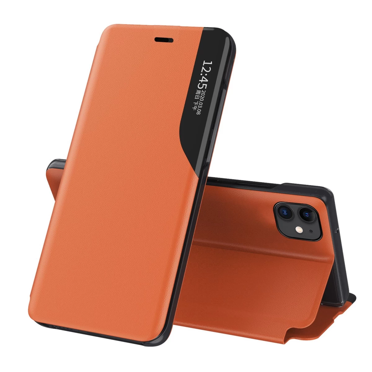 Elegantiškas eco Leather View Case Dėklas Su Atlenkimo Ir Stovo Funkcija, Skirtas iphone 13, Oranžinės Spalvos Elegantiškas eco Leather View Case Dėklas Su Atlenkimo Ir Stovo Funkcija, Skirtas iphone 13, Oranžinės Spalvos
