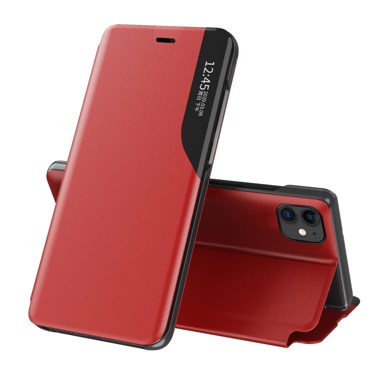 Elegantiškas eco Leather View Case Dėklas Su Atvartu Ir Stovo Funkcija, Skirtas iphone 13 Mini, Raudonos Spalvos Elegantiškas eco Leather View Case Dėklas Su Atvartu Ir Stovo Funkcija, Skirtas iphone 13 Mini, Raudonos Spalvos