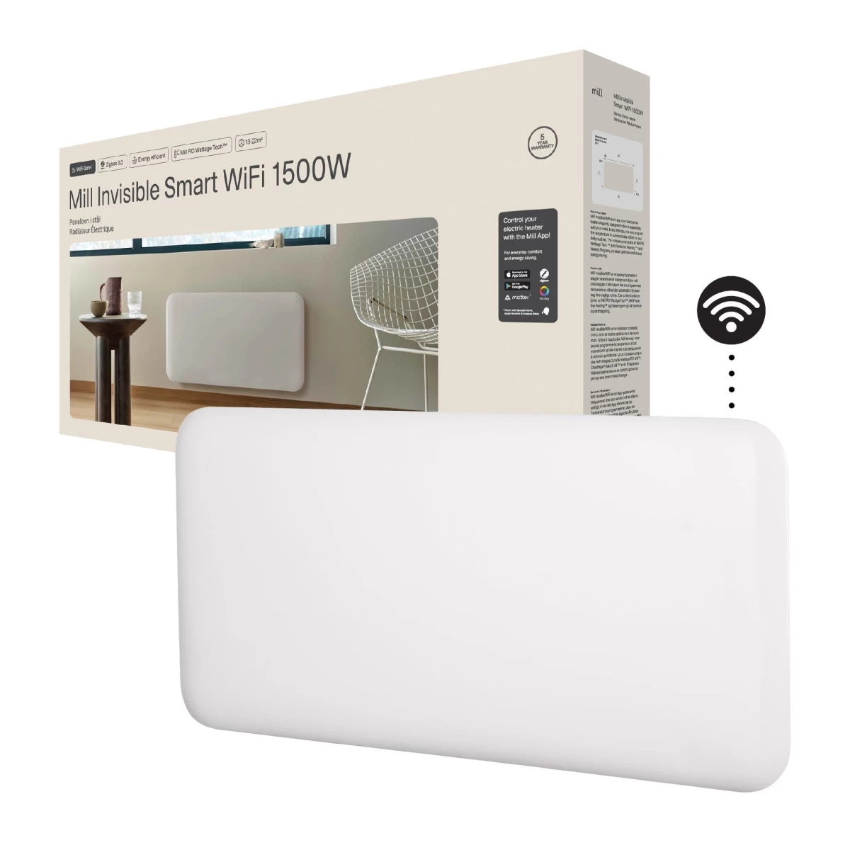 Elektrinis šildytuvas Mill PA1500WIFI4 , 1500 W | patalpoms 18-22 m², IPX4, 60 mėn garantija, WIFI