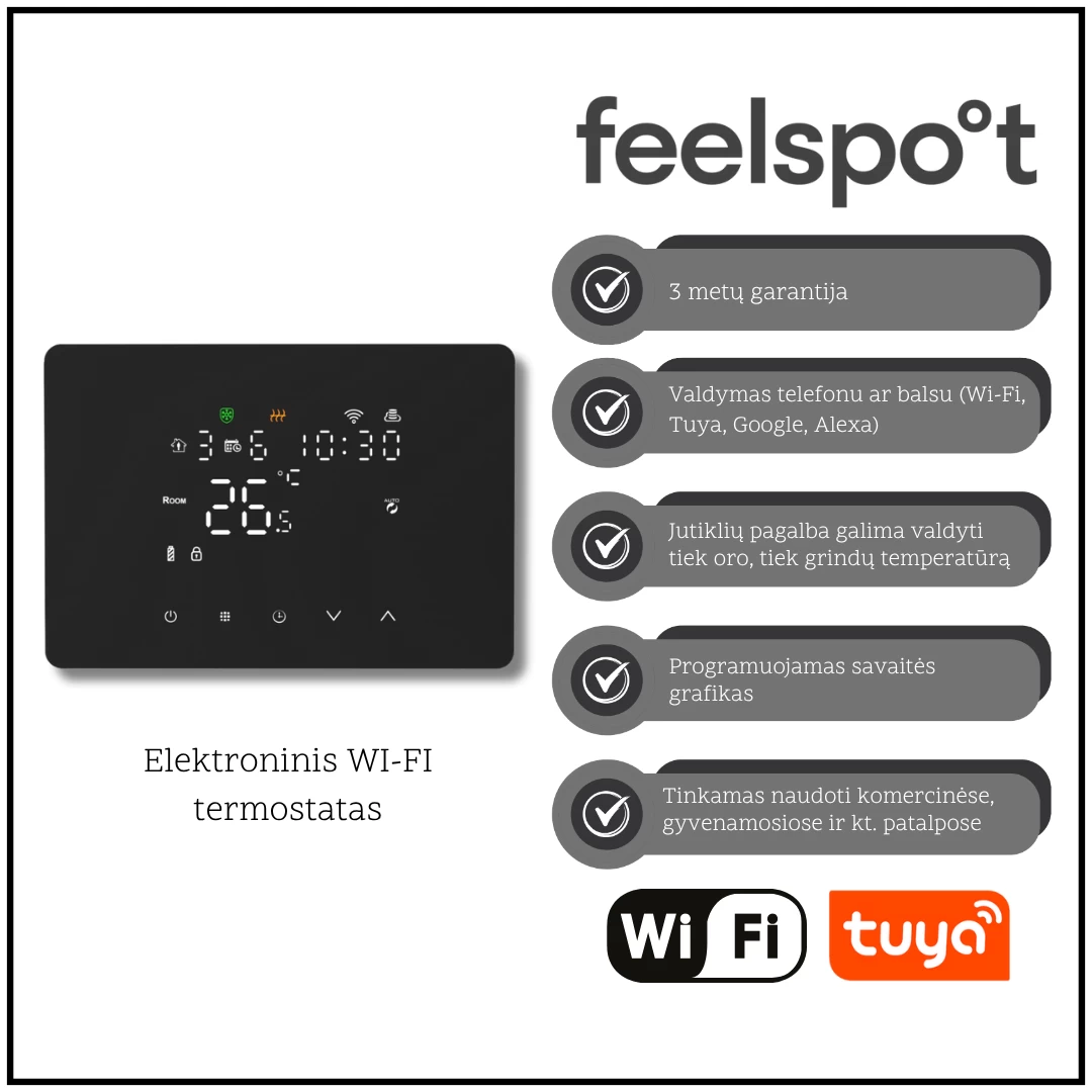 Elektroninis programuojamas termostatas Feelspot WTH25.05RF Wi-Fi, juodas Elektroninis programuojamas termostatas Feelspot WTH25.05RF Wi-Fi, juodas
