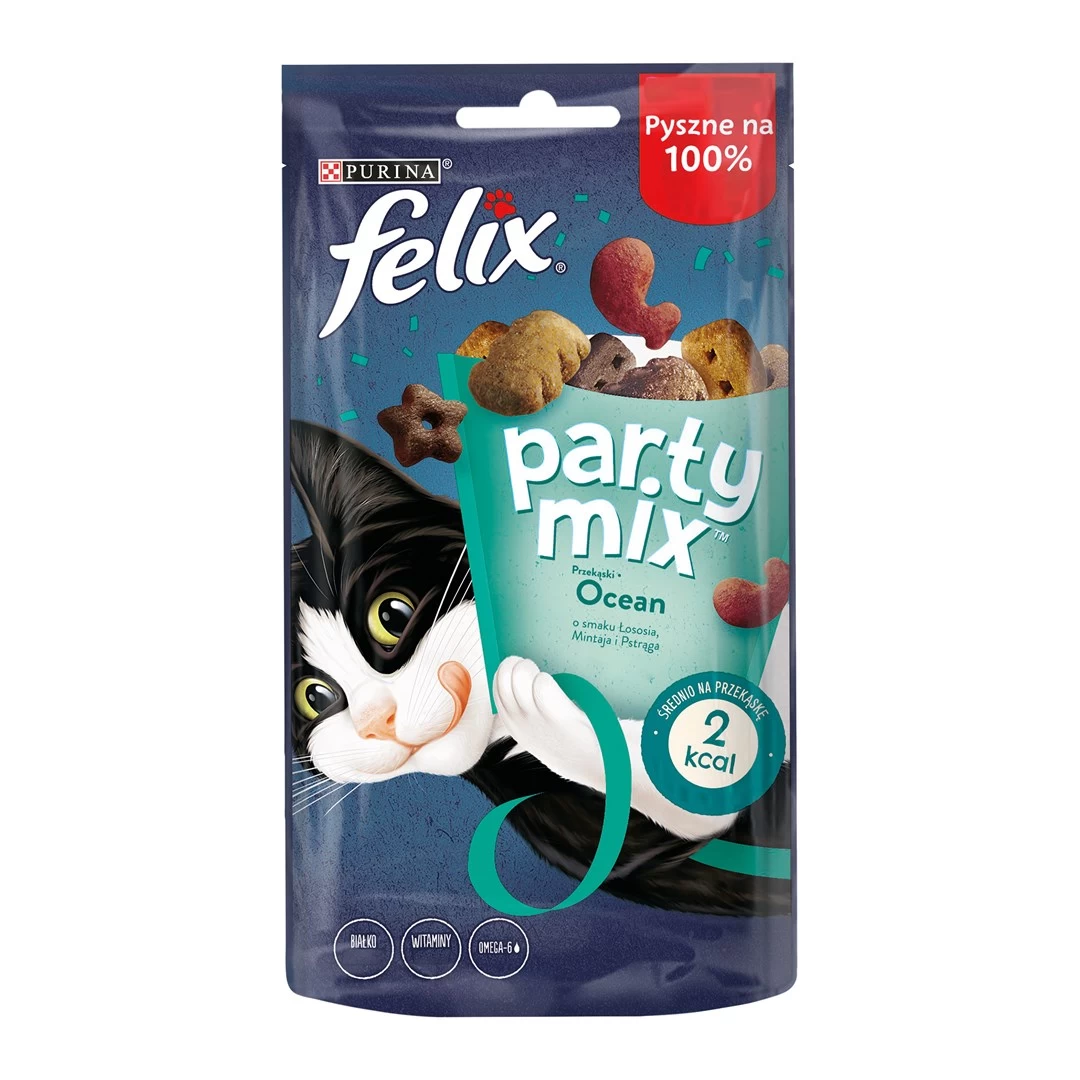 Felix Party Mix Ocean Mix kačių skanėstai, 60 g, su lašiša, menke ir upėtakiu