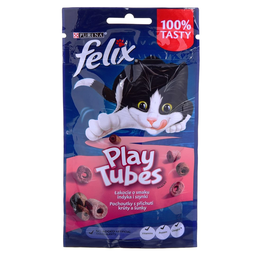 FELIX Play Tubes sausas kačių maistas, kalakutiena ir kumpis, 50 g