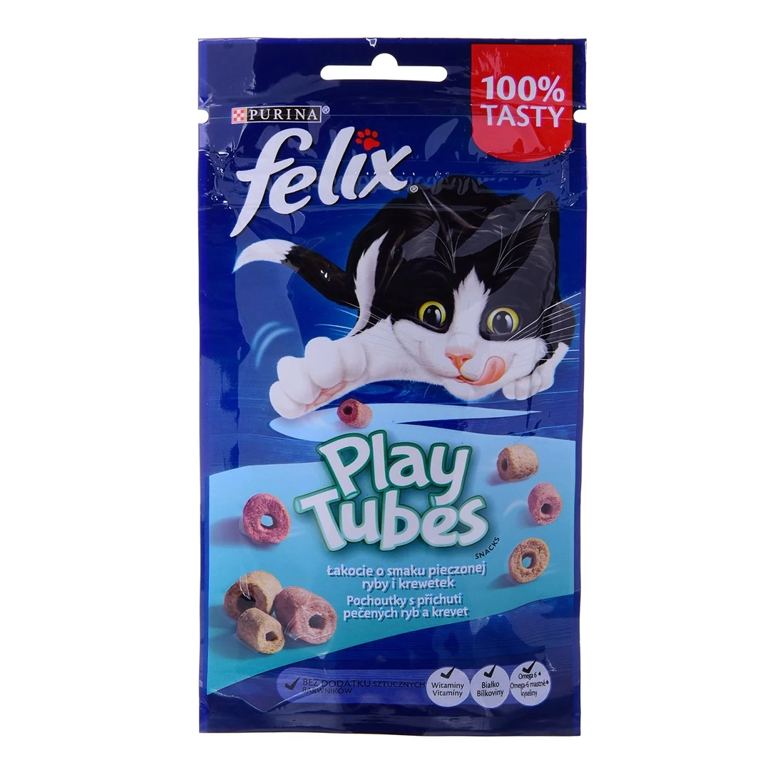 FELIX Play Tubes sausas kačių maistas, žuvis ir krevetės, 50 g