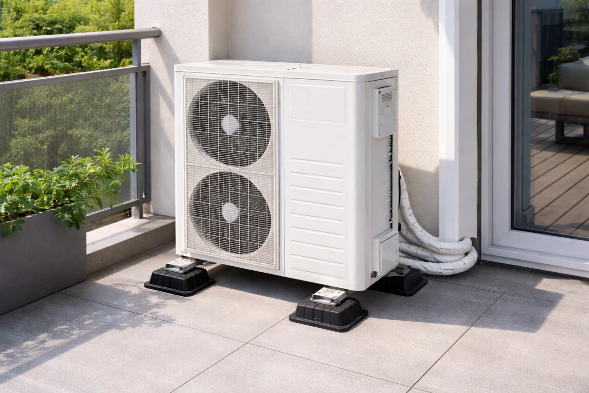 Oro kondicionavimo sistemos išorinio bloko montavimo balkone schema