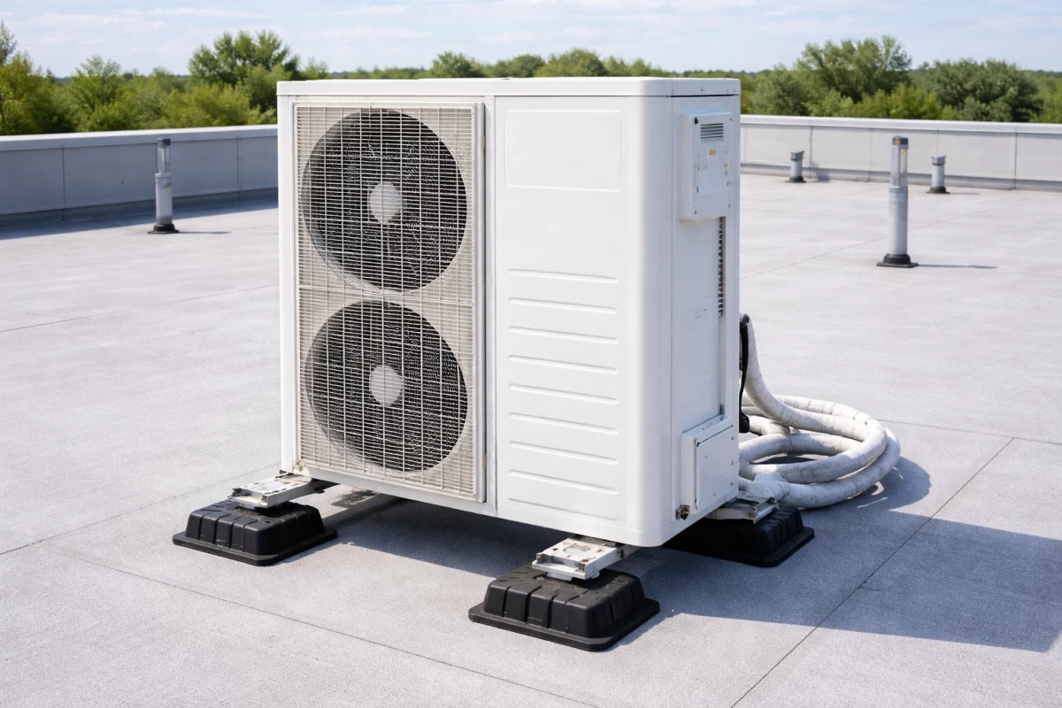 Oro kondicionavimo sistemos išorinio bloko montavimo ant plokščio stogo schema