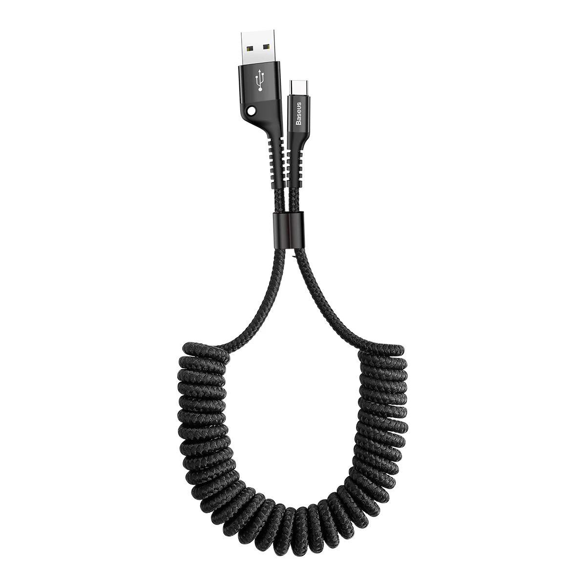 fish Eye Usb-a - Usb-c 2a 1 M Ilgio Spiralinis Kabelis - Juodas