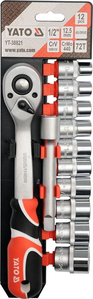 Galvučių rinkinys su terkšle | 12,5 mm (1/2) | 10-24 mm | 12 vnt. (YT-38821)